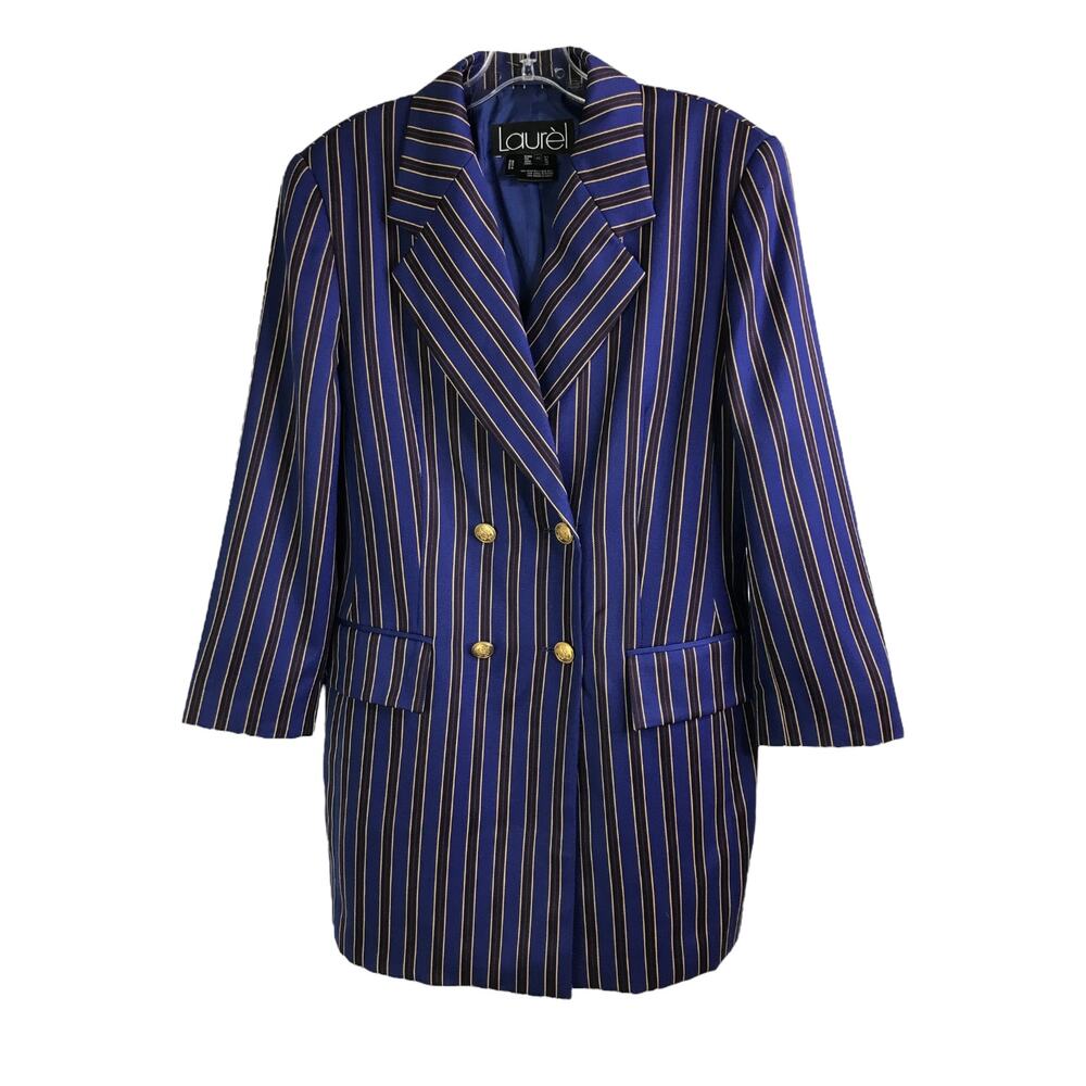 Vintage Laurel by Escada Blue Striped Blazer W 40 Double Breasted‎ Gold Button